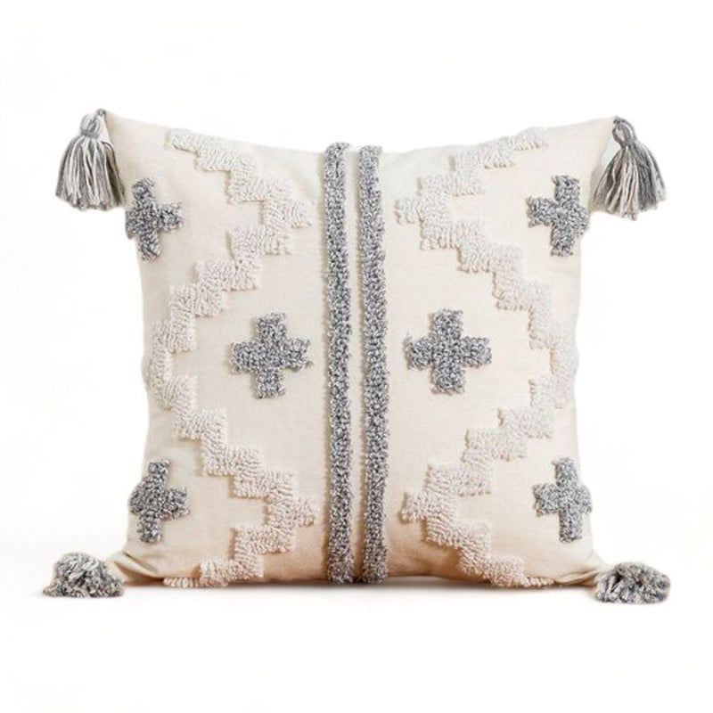 GENERICO - Funda Para Cojin Diseño Boho Lino Bordado Flecos 45x45cm - Multicolor