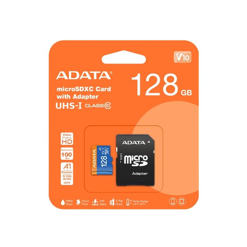 ADATA - ADATA 128GB MICROSDXC UHS-I CLASS10 10025 MBs AUSDX128GUICL10A1-RA1