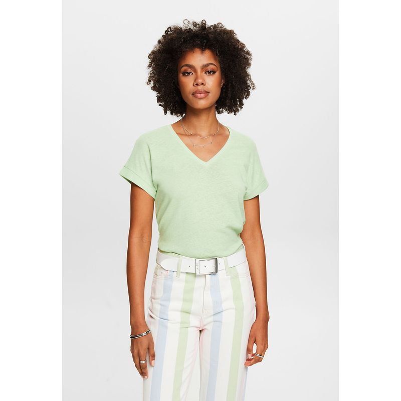 ESPRIT - Polera De Algodón Y Lino Con El Cuello V Mujer Esprit ESPRIT