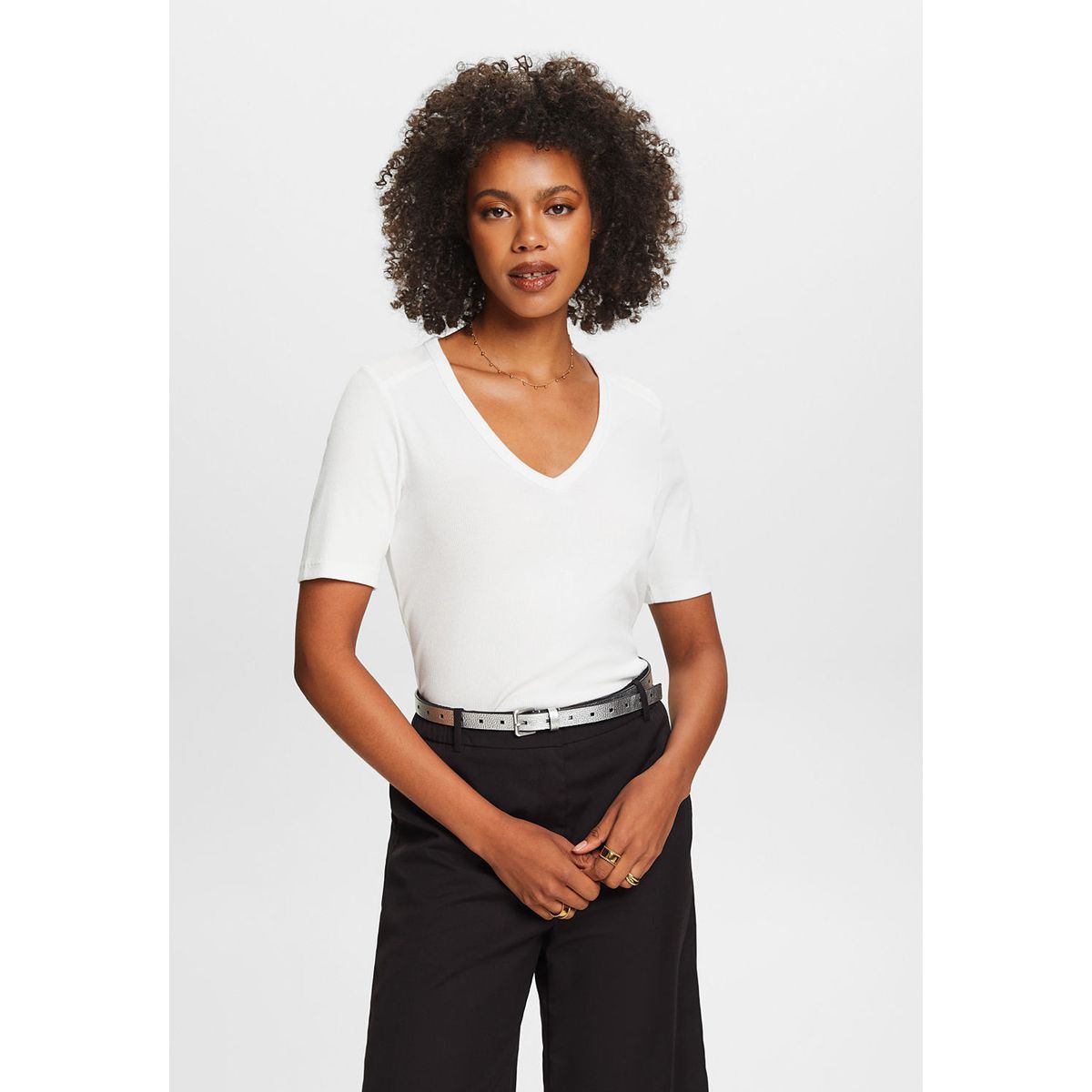 ESPRIT - Polera Acanalada Con Cuello En V Mujer Esprit ESPRIT
