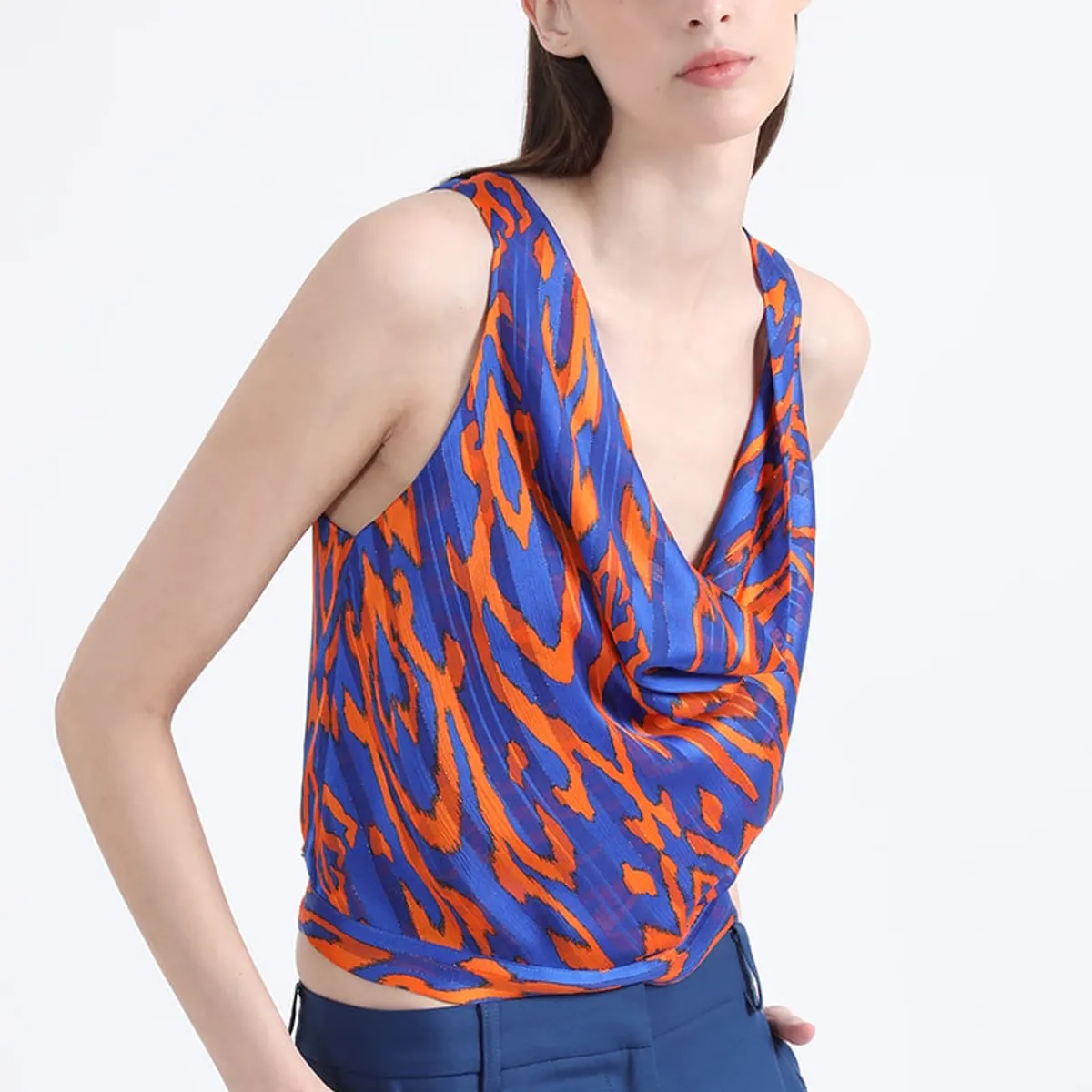 LIOLA - Top Cropped Estampado Con Hilo Metalizado, Azul Liola