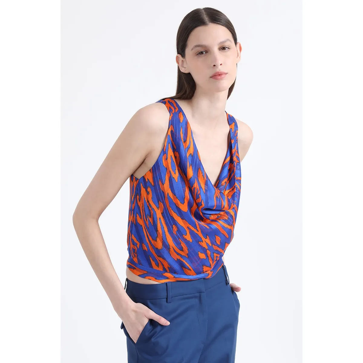 LIOLA - Top Cropped Estampado Con Hilo Metalizado, Azul Liola