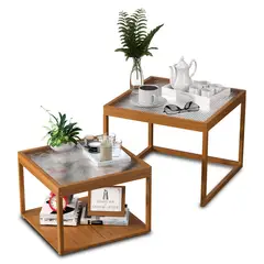 HALMAN - Mesa de centro nido de madera y cristal 2