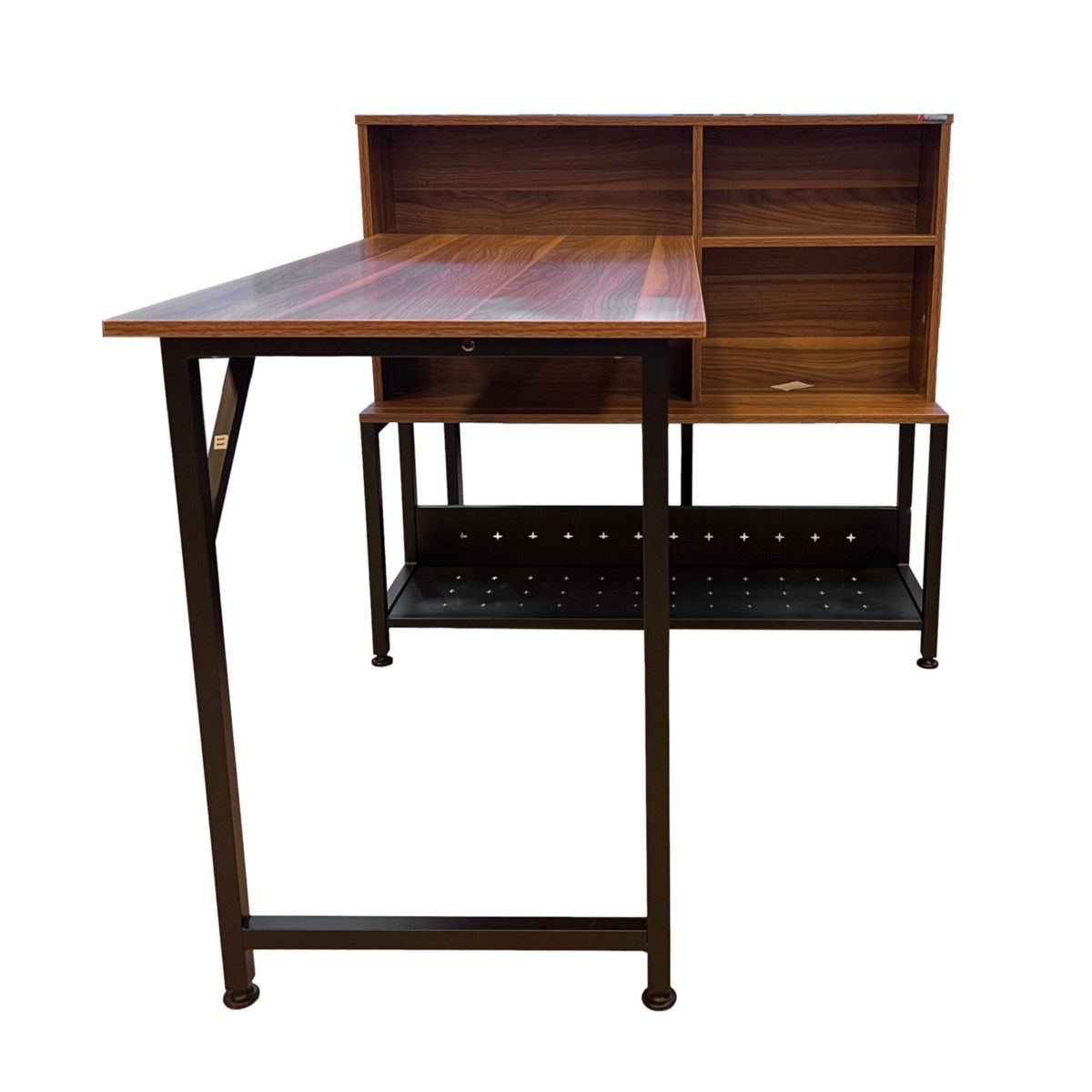 AGUILA - Escritorio Pavana Compacto en L con Estantería Lateral Integrada de Melamina y Metal - Café Nogal