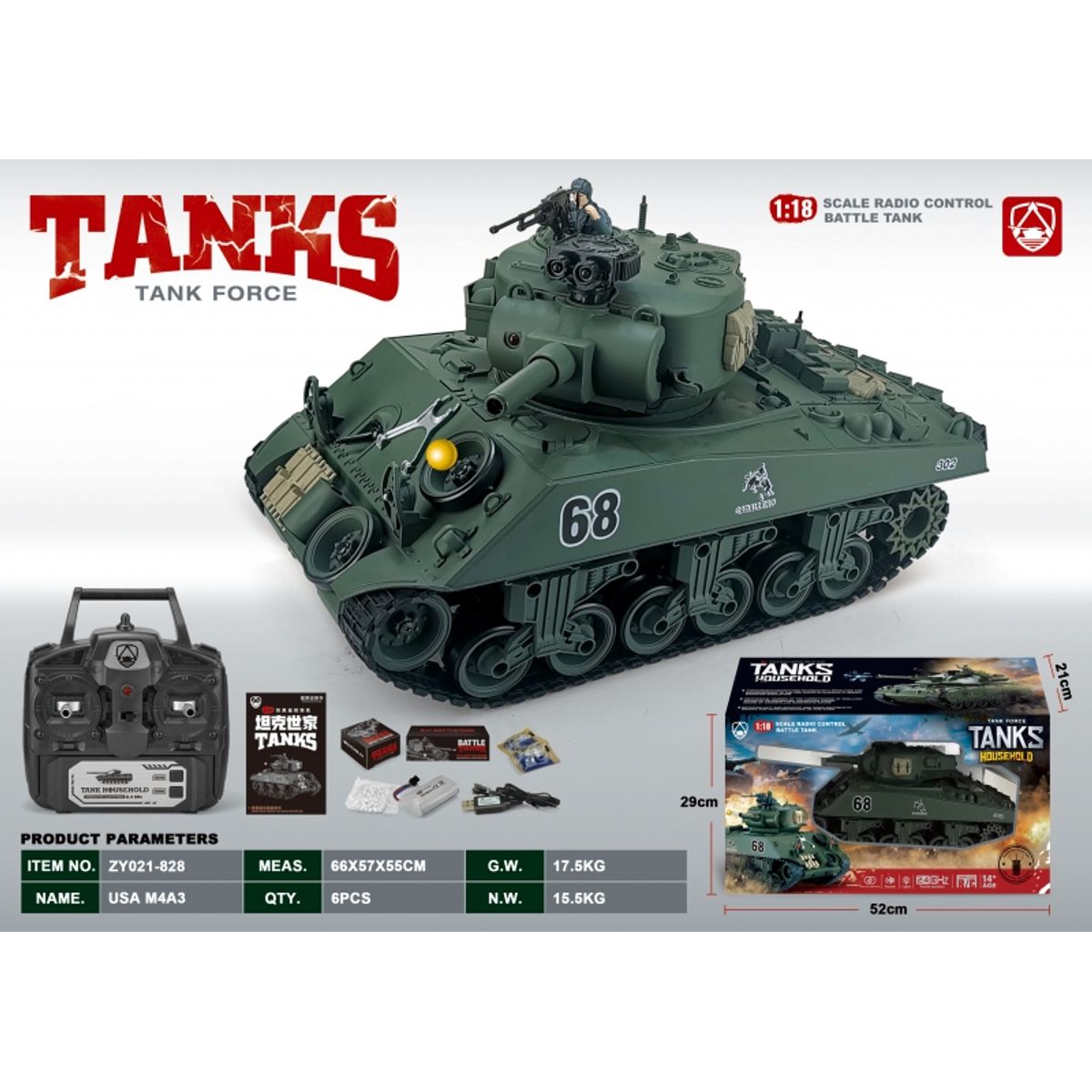 GENERICO - ZUOYITANK ZY021-828 1-18 R C TANK USA M4A3