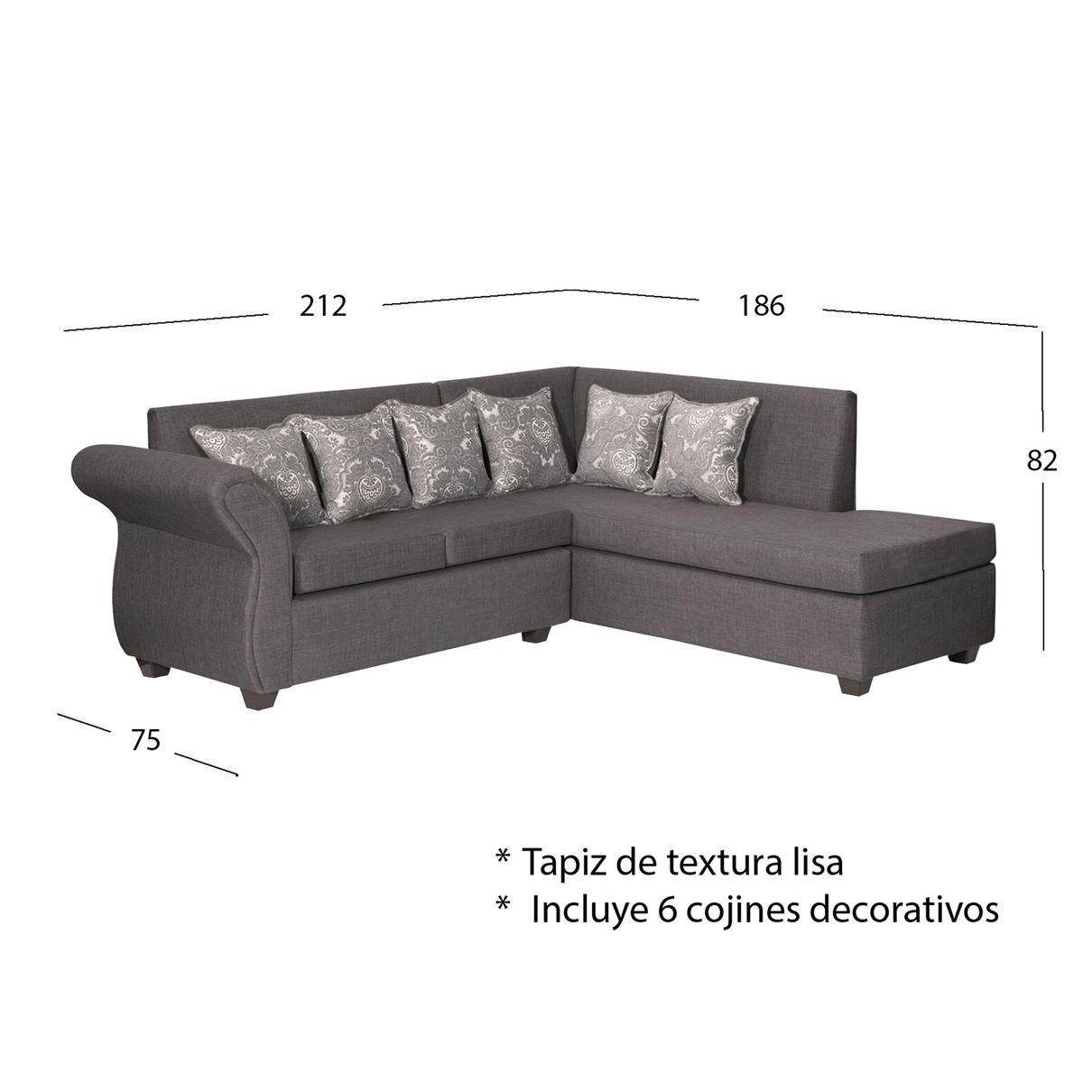 ADONIS LEUDH - Sofá Seccional Ninfas Lado Derecho Tela Lisa Suave Gris Oscuro