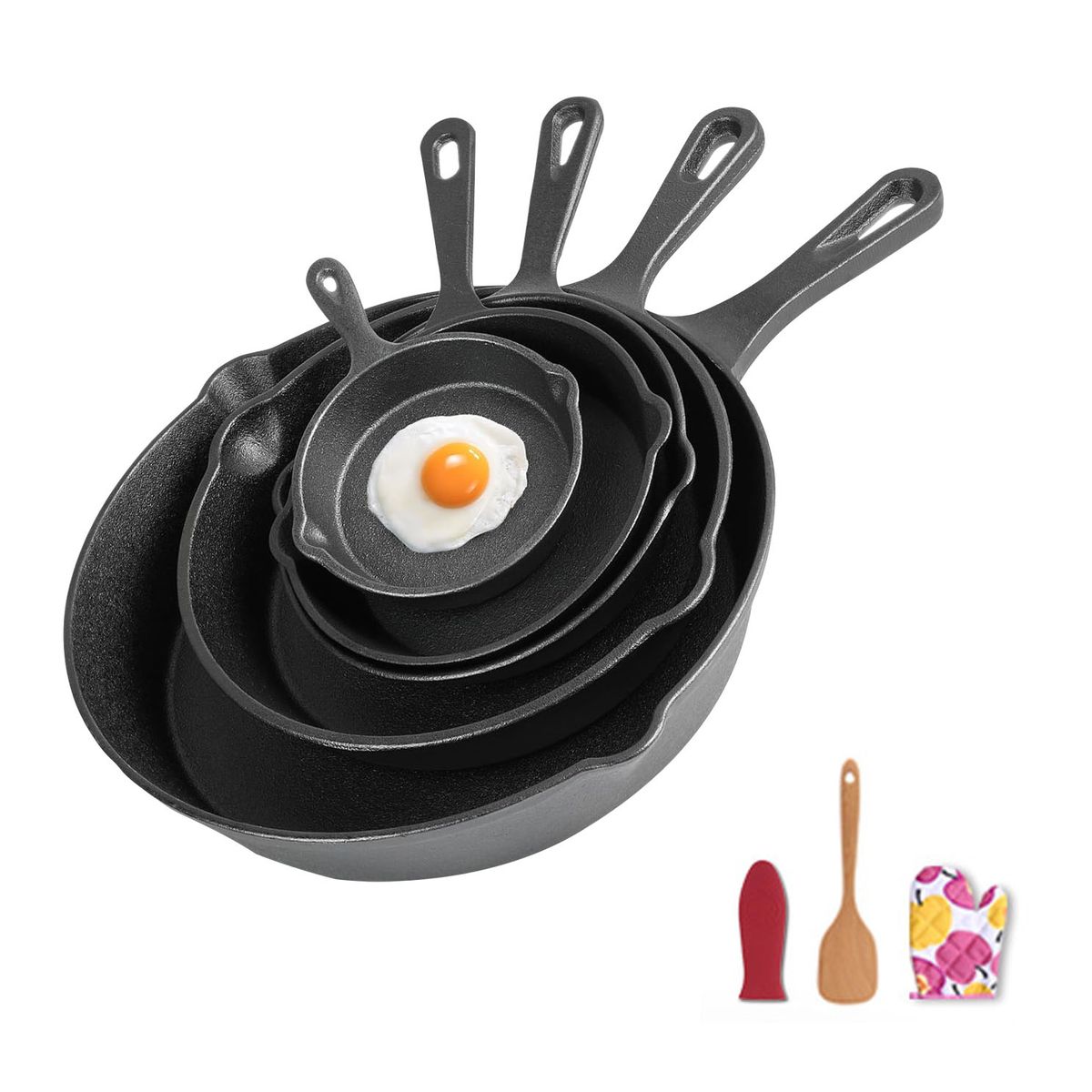 YOMYM - Set 5 Sartenes 10-26 cm Hierro Fundido Negro