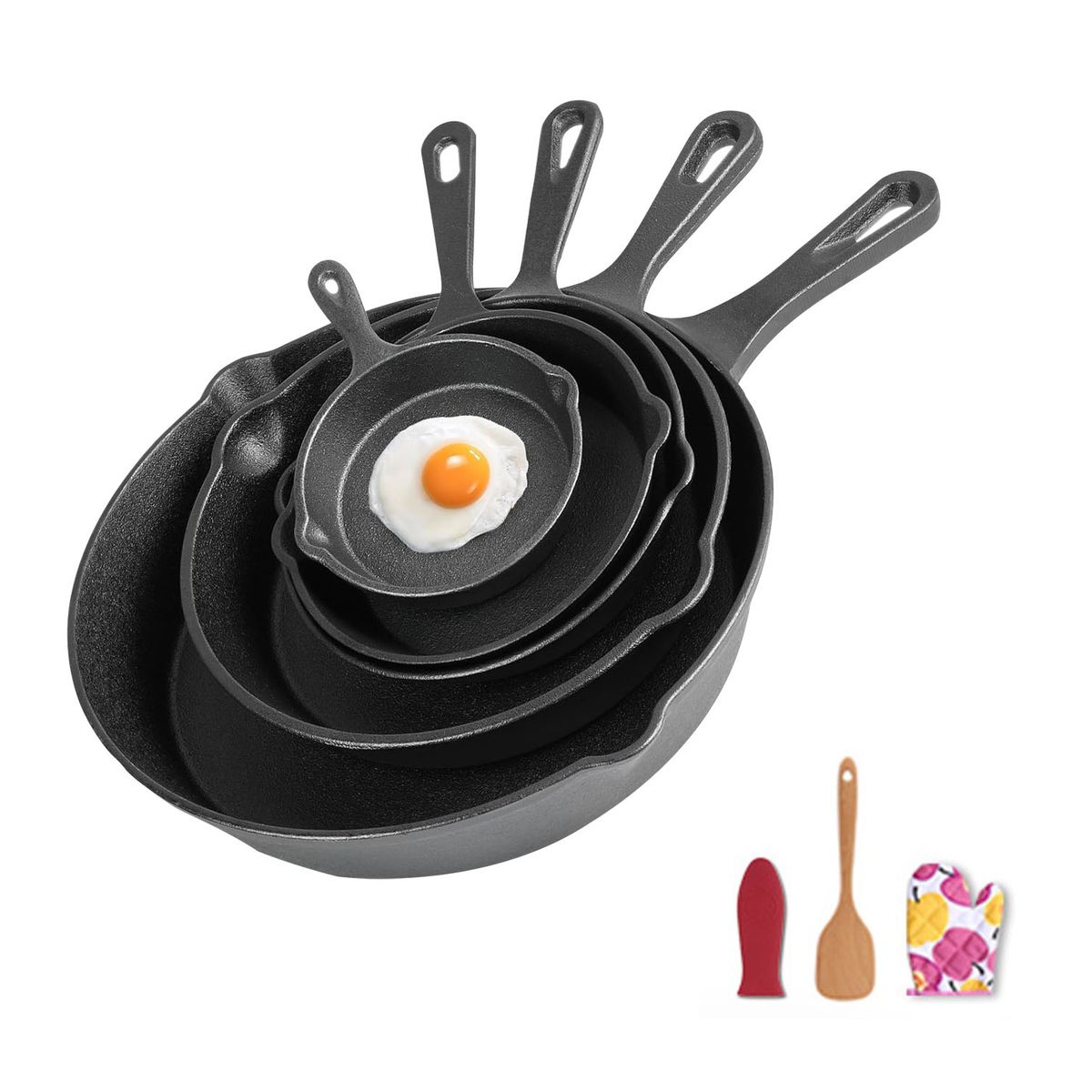 YOMYM - Set 5 Sartenes 10-26 cm Hierro Fundido Negro