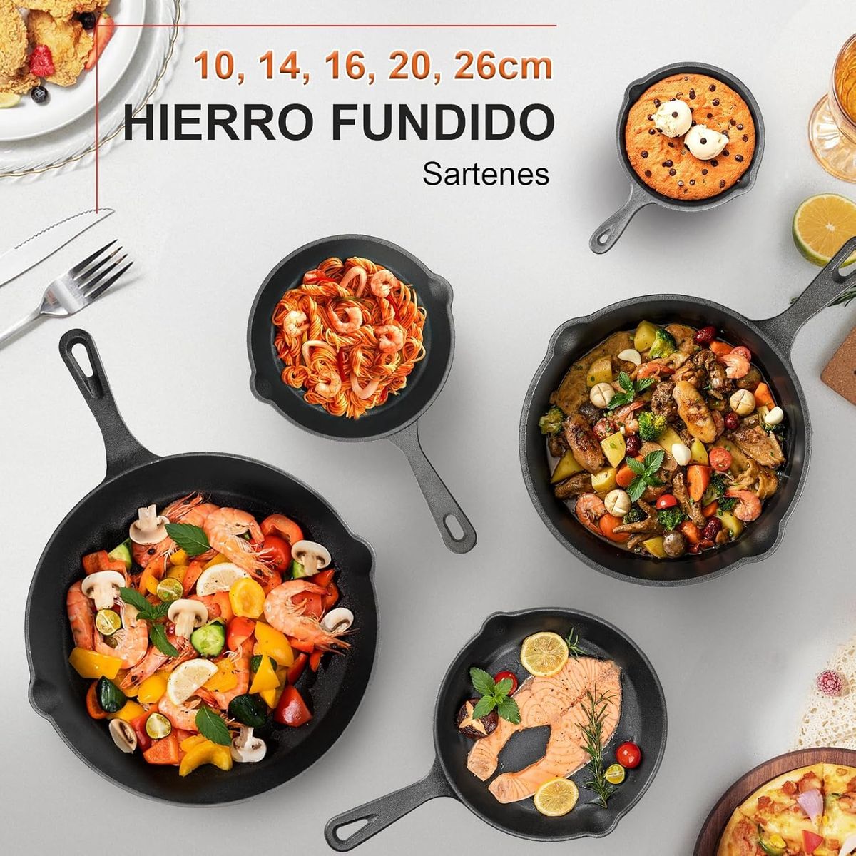 YOMYM - Set 5 Sartenes 10-26 cm Hierro Fundido Negro