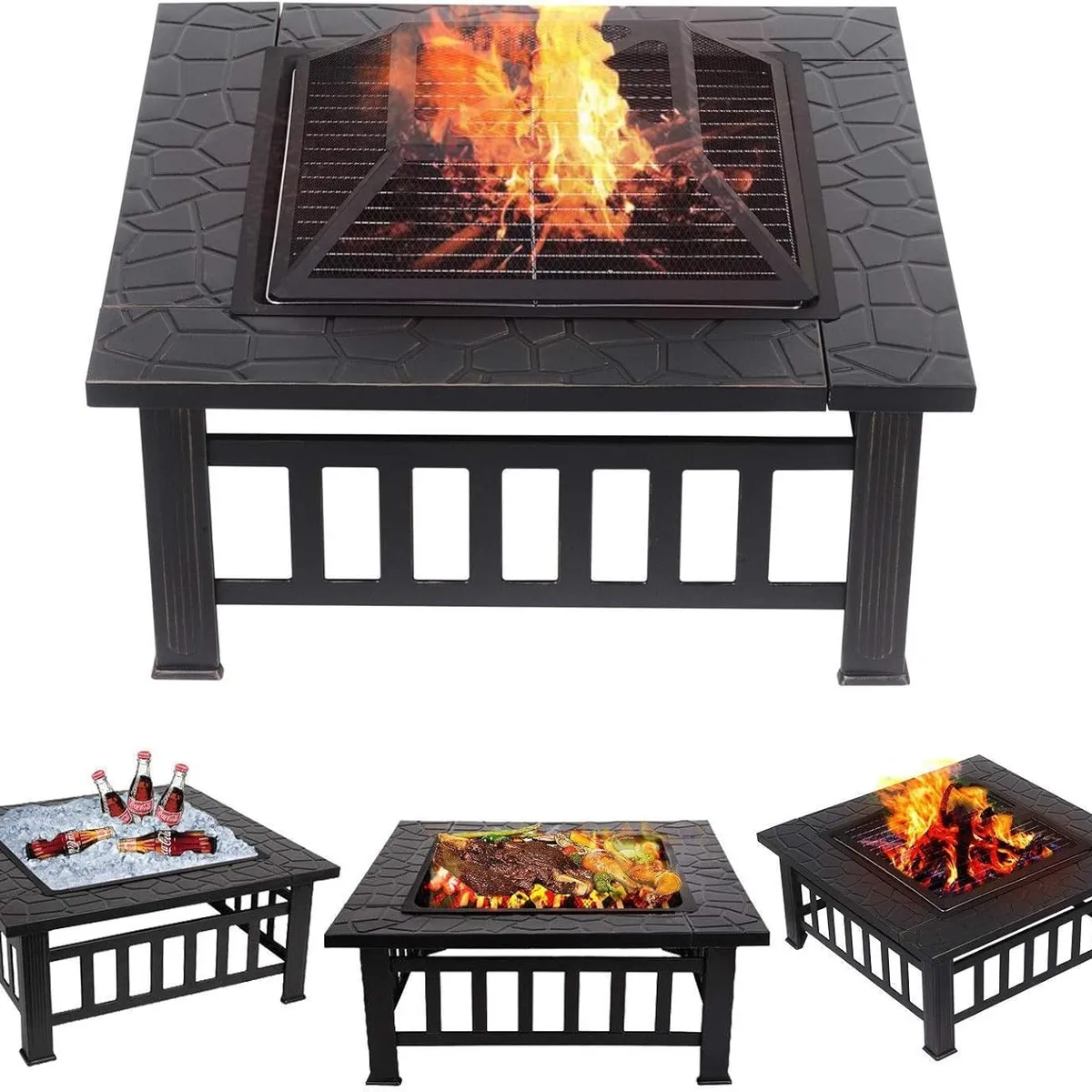 YOMYM - Brasero Parrilla Cuadrada Premium Para Carbón o Leña 81x81x50 cm