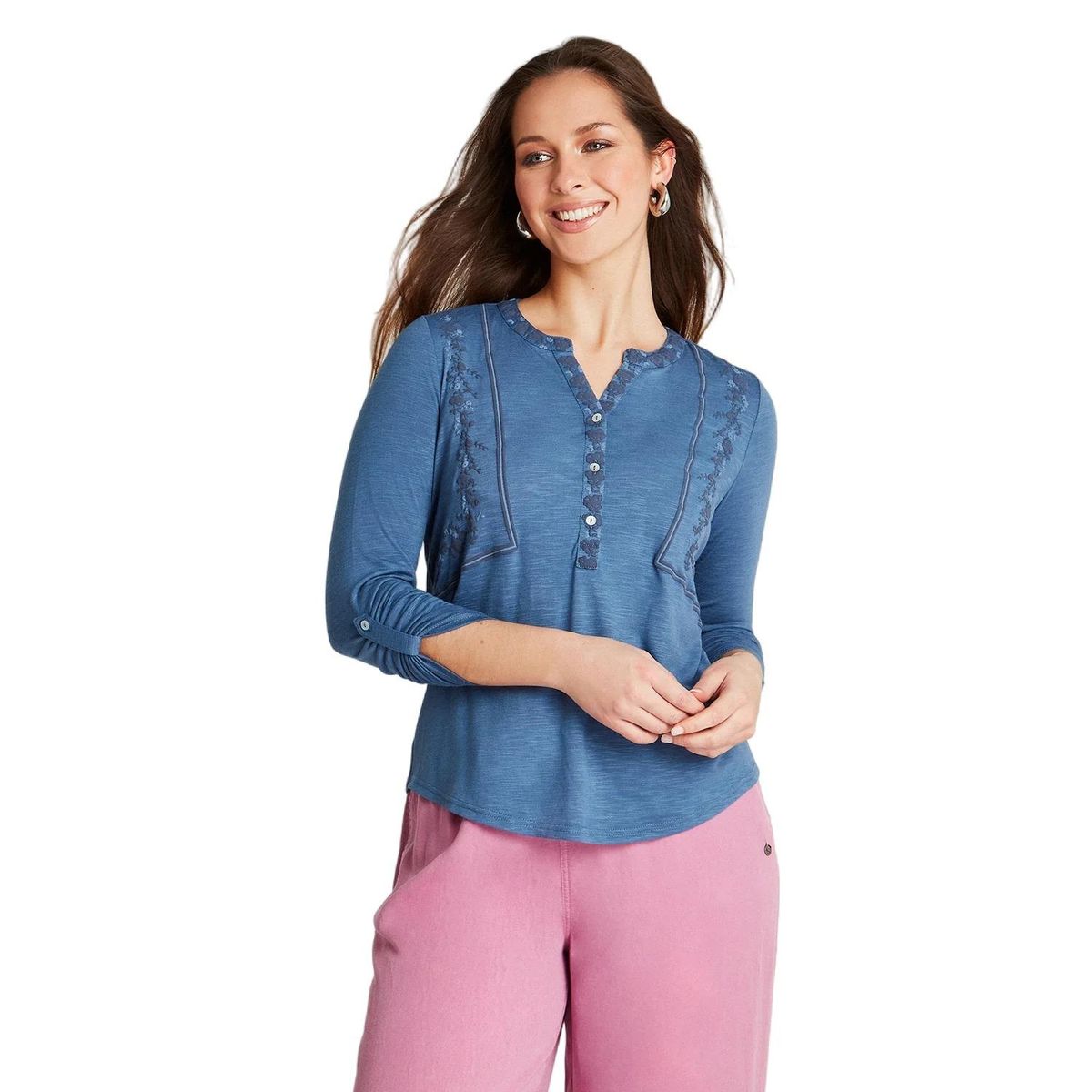 CURVI - Polera Azul Manga Larga y Aplicación Cuello Mao