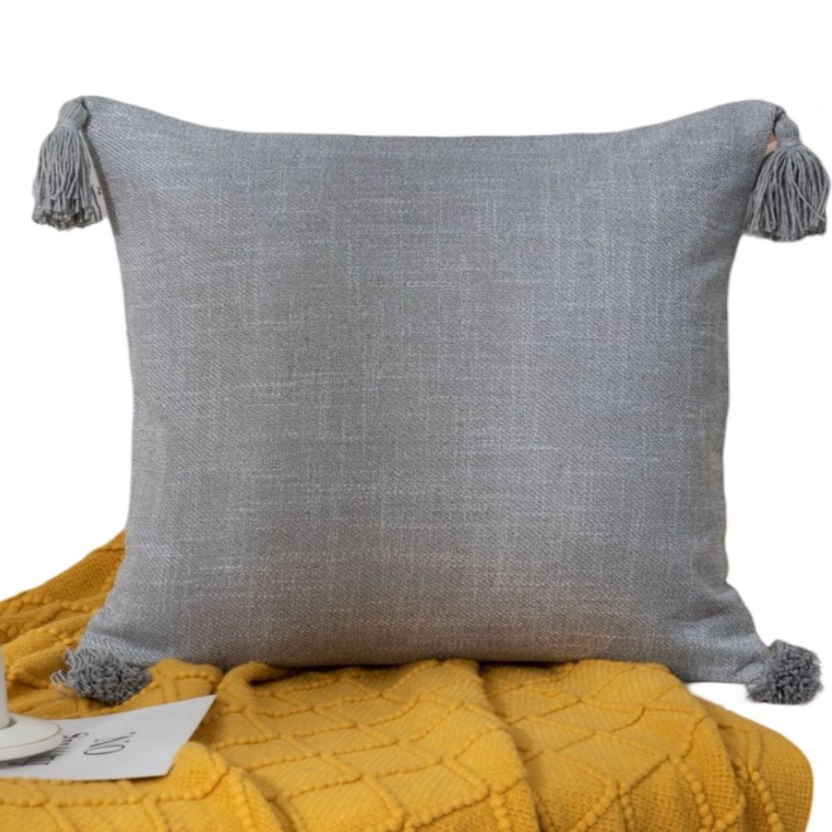 GENERICO - Pack de 4 Fundas de Cojín de Lino con Pompones-Gris