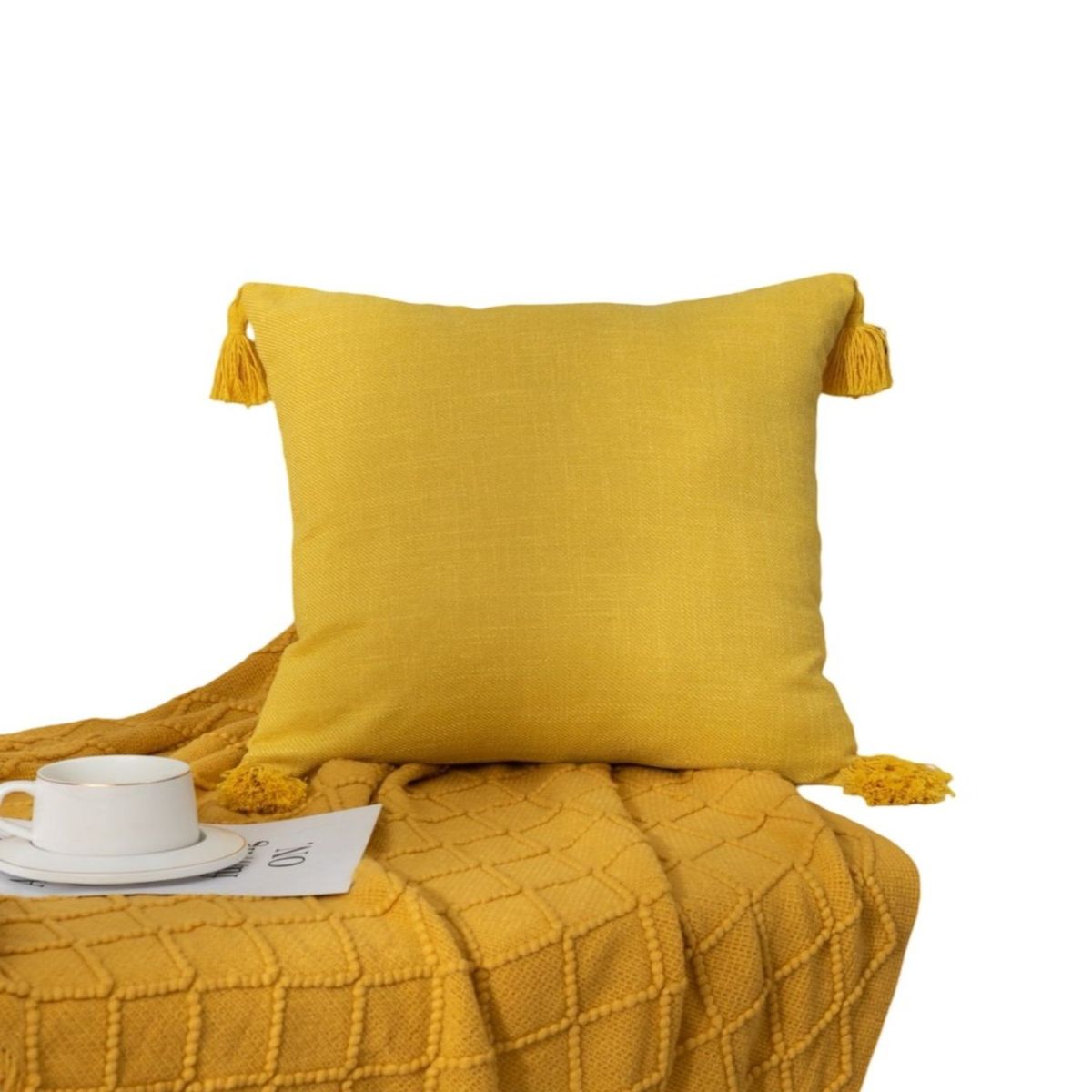 GENERICO - Pack de 4 Fundas de Cojín de Lino con Pompones-Mostaza