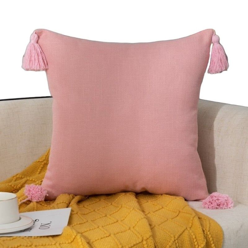 GENERICO - Pack De 4 Fundas Para Cojin De Lino Con Pompones 45x45cm - Rosa