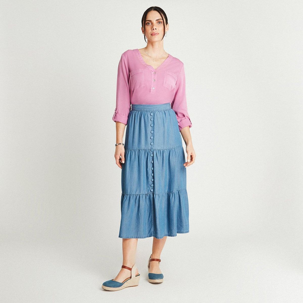 CURVI - Falda Azul Medio Midi Acampanada CURVI