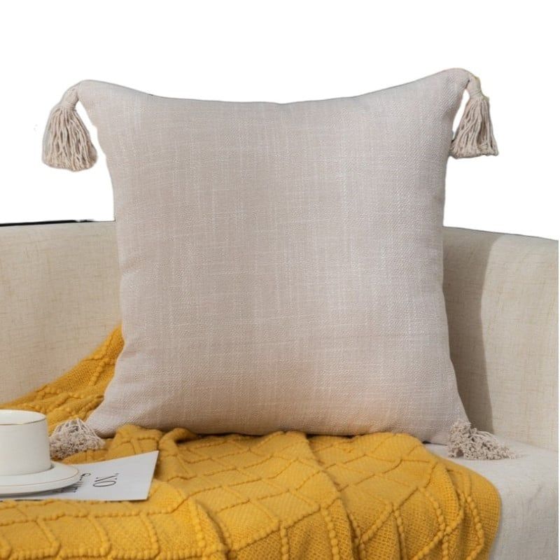 GENERICO - Funda Para Cojin De Lino Con Pompones 45x45cm - Crema