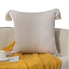 GENERICO - Funda Para Cojin De Lino Con Pompones 45x45cm - Crema