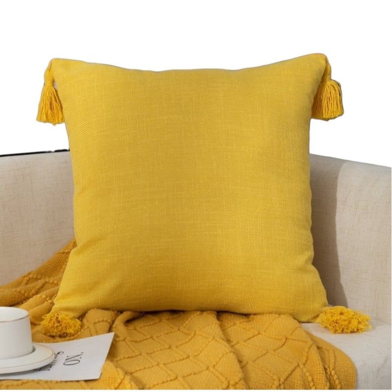 GENERICO - Funda Para Cojin De Lino Con Pompones 45x45cm - Amarillo