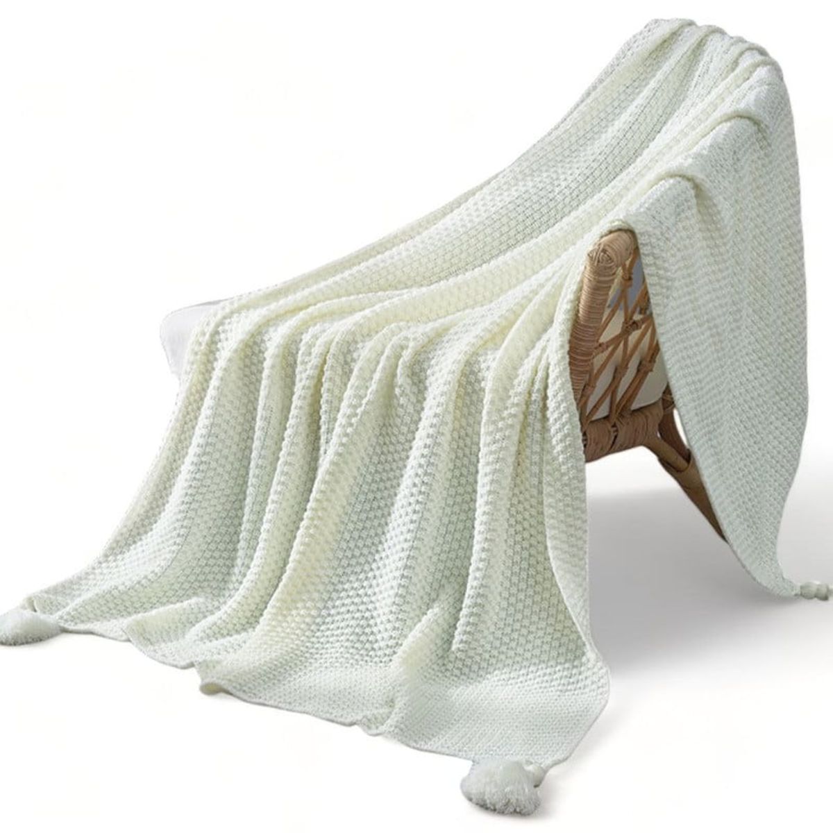 GENERICO - Manta Nordica Con Borlas Tejida Frazada Decorativa 127x172cm - Blanco