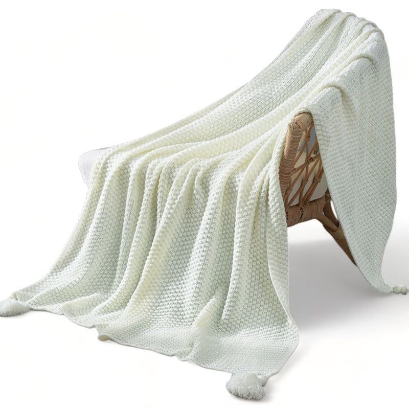 GENERICO - Manta Nordica Con Borlas Tejida Frazada Decorativa 127x172cm - Blanco