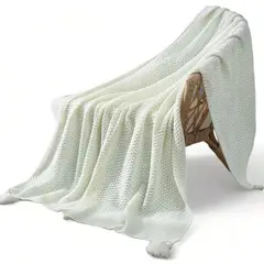 GENERICO - Manta Nordica Con Borlas Tejida Frazada Decorativa 127x172cm - Blanco