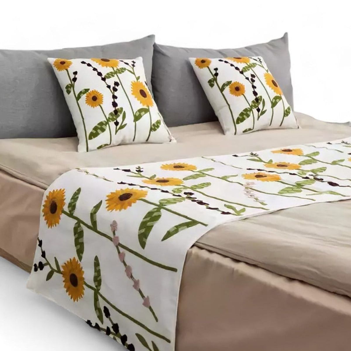 GENERICO - Piecera Bordada + 2 Fundas De Cojin Diseño Floral