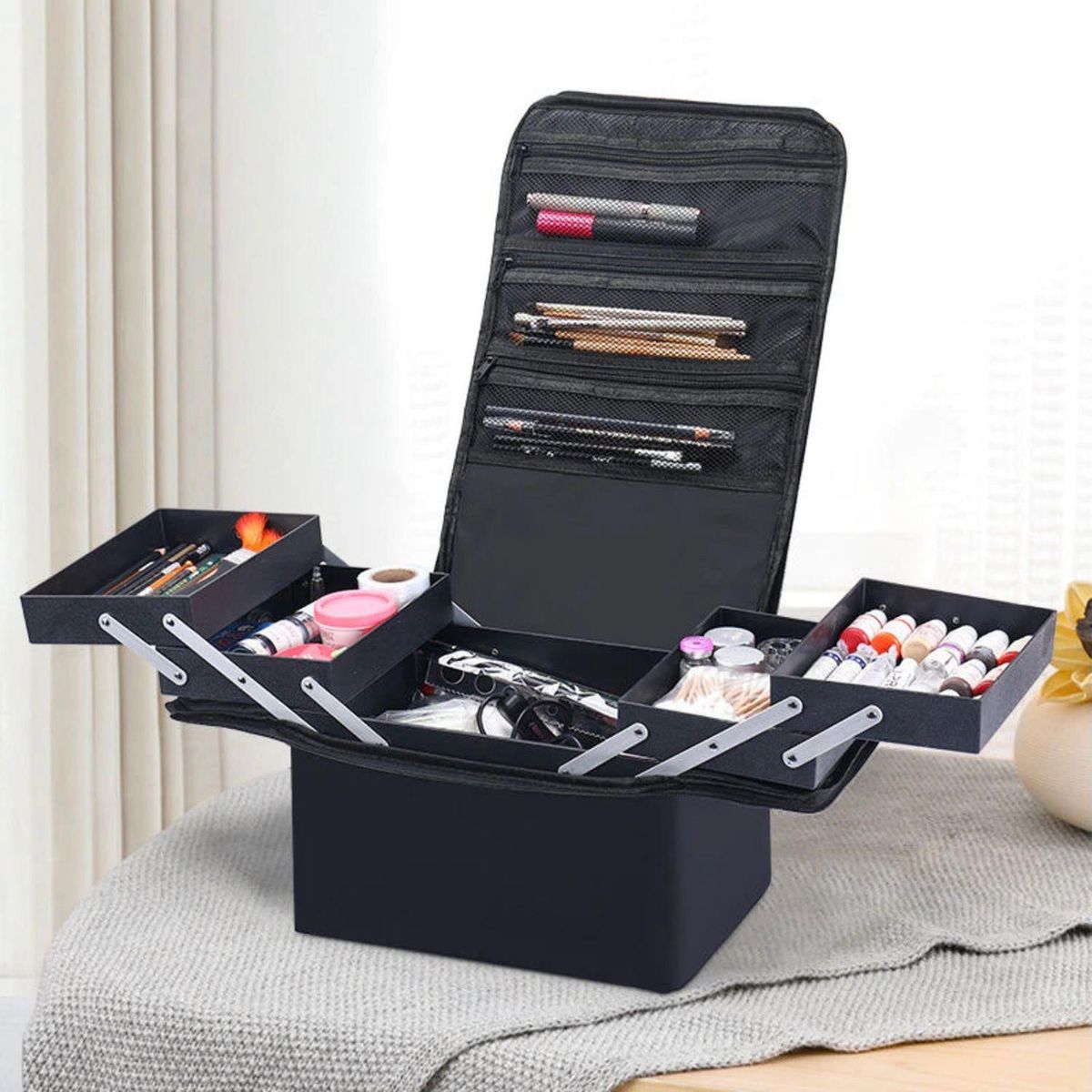 IMPORTCLICK - Maleta Maquillaje Manicure Cosmetología Tela Portátil 26x28x20 CM - Negro