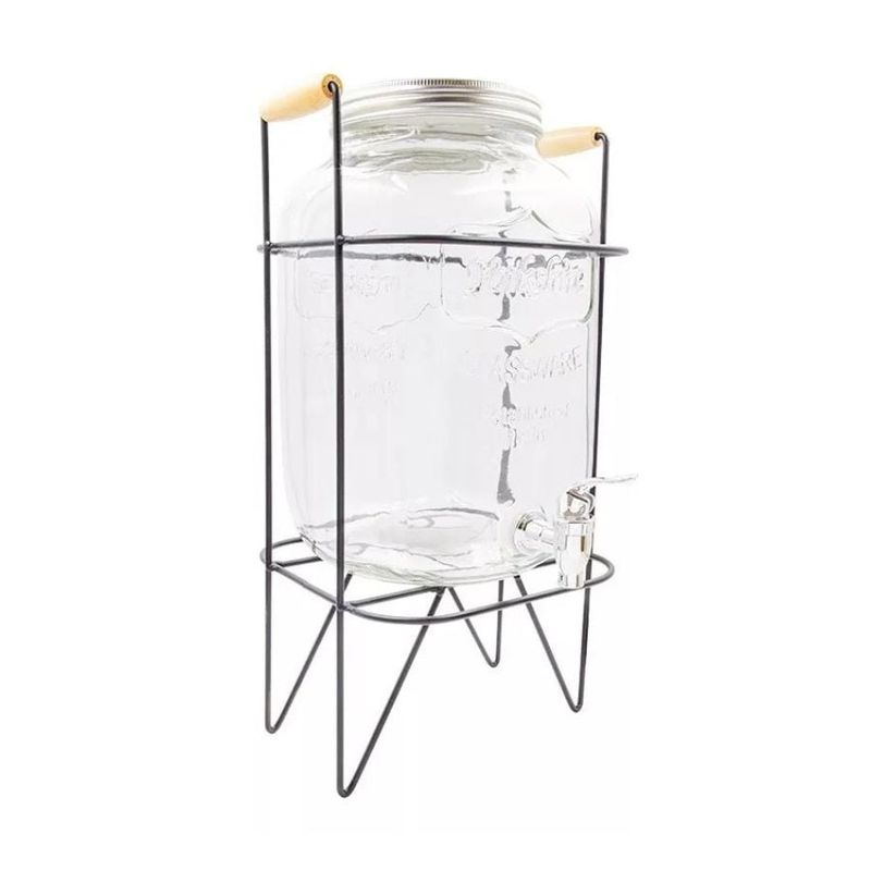 GENERICO - Dispensador De Bebidas De Vidrio 5l Soporte Metal Con Asas