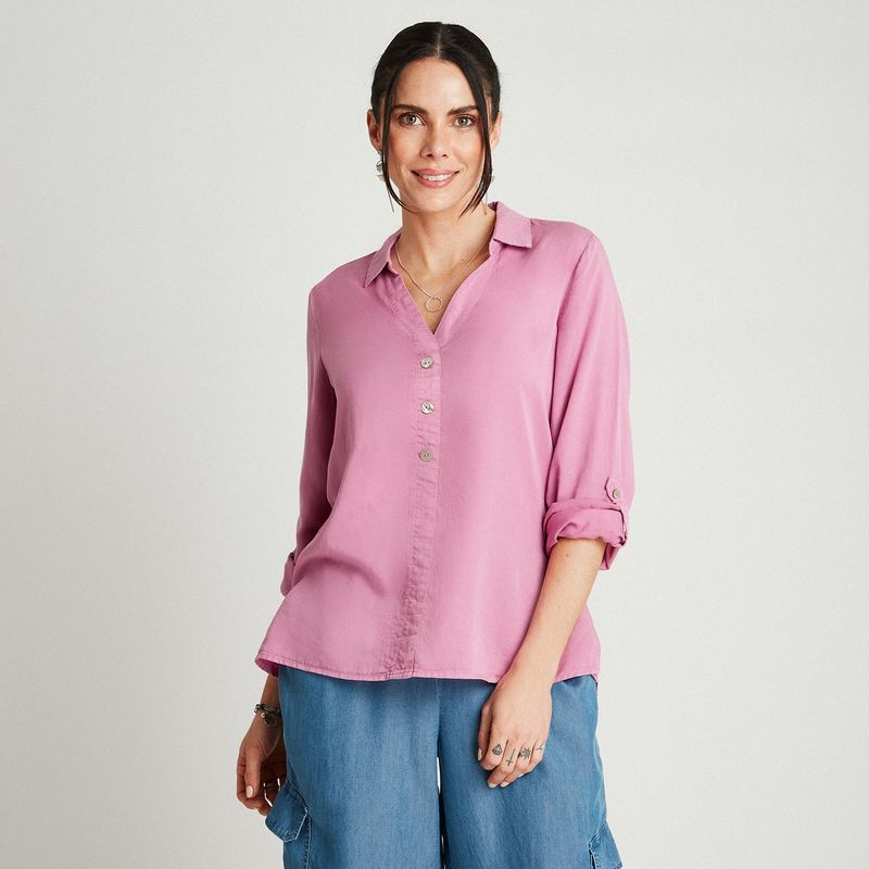 CURVI - Blusa Lila Manga Larga Cuello Camisero CURVI