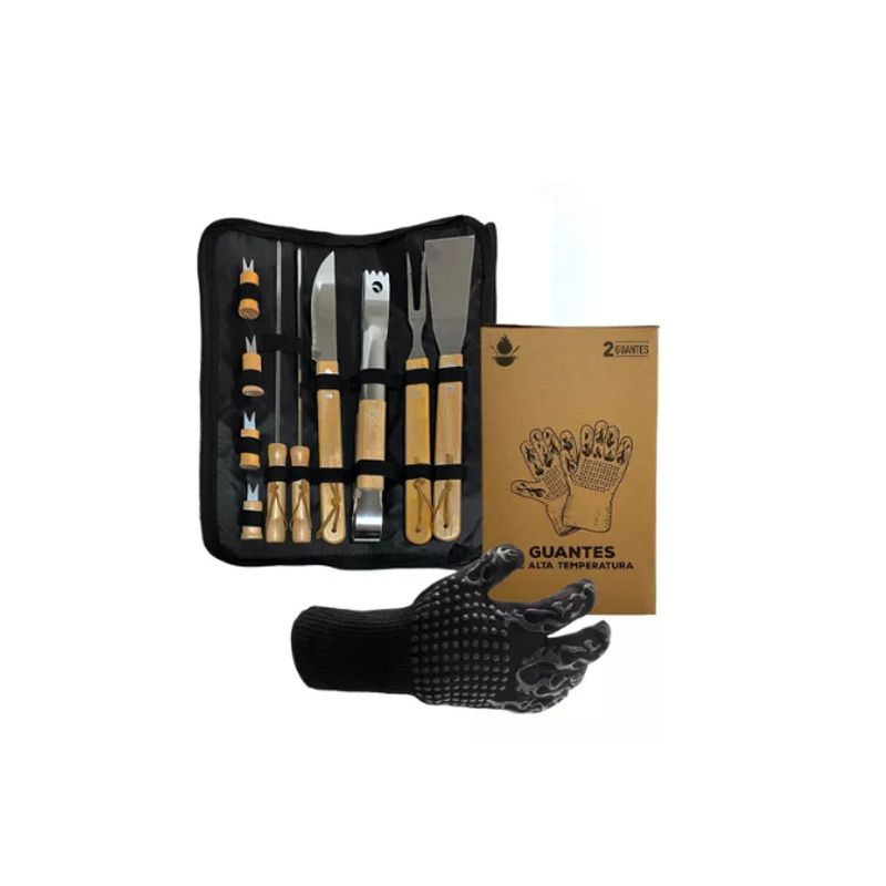 GENERICO - Pack Set Asado Parrilla 10 Uds + 2 Guantes Alta Temperatura