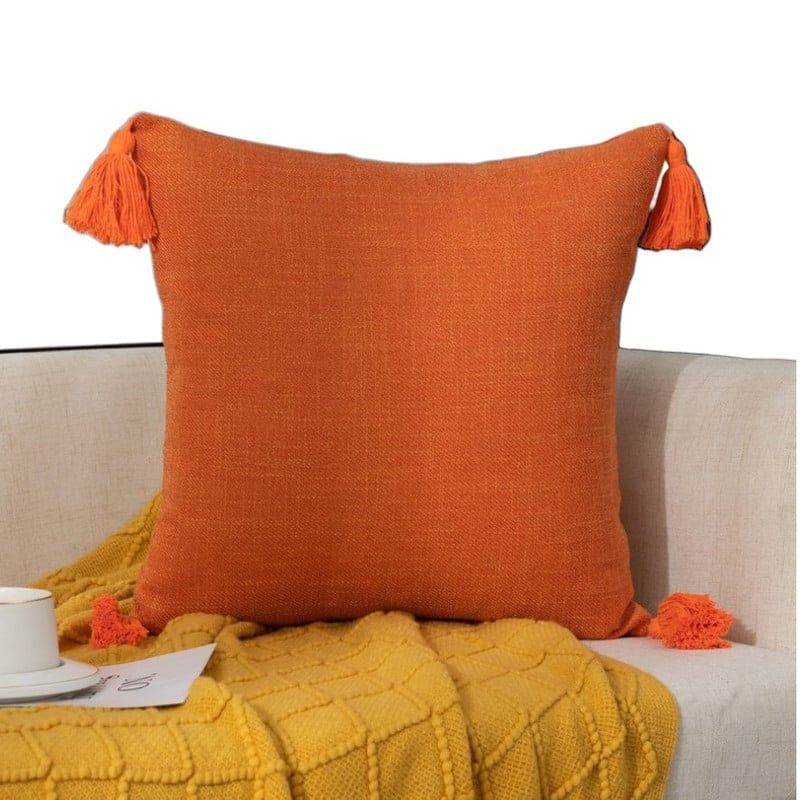 GENERICO - Funda Para Cojin De Lino Con Pompones 45x45cm - Naranja