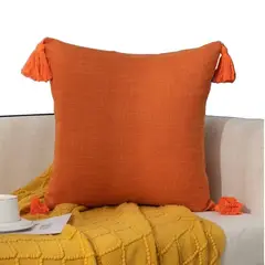 GENERICO - Funda Para Cojin De Lino Con Pompones 45x45cm - Naranja