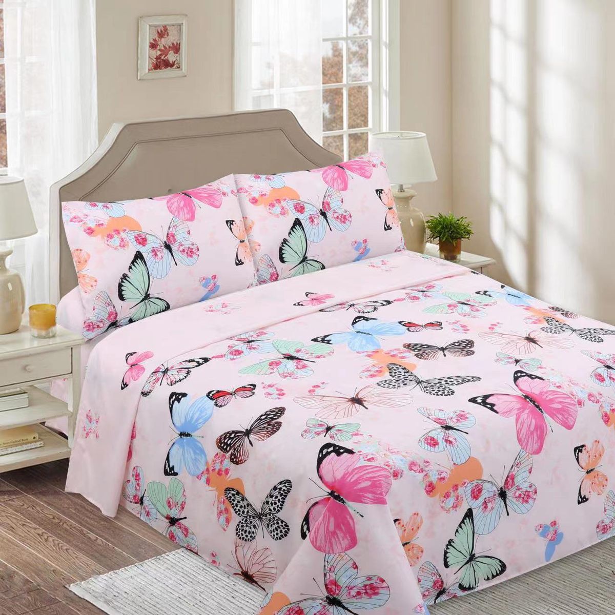 GENERICO - JUEGOS DE SABANAS CON DISEÑO MARIPOSA ROSA 1.5 PLAZA FY