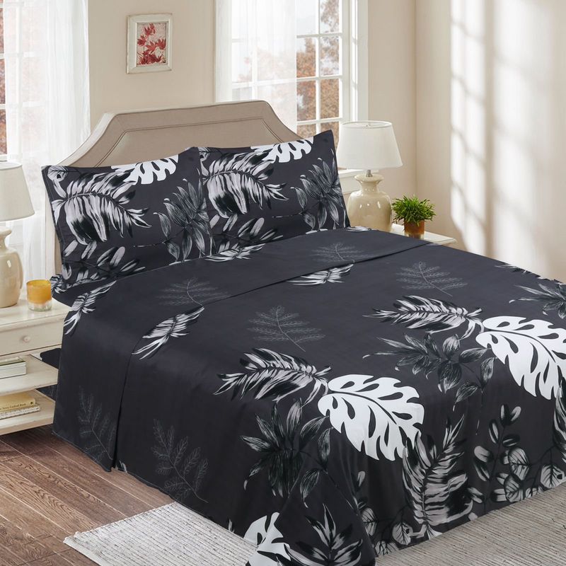 GENERICO - SABANAS DE TELA CON DISEÑO NEGRO HOJAS SET DE 3 PIEZAS 1.5 PLAZA
