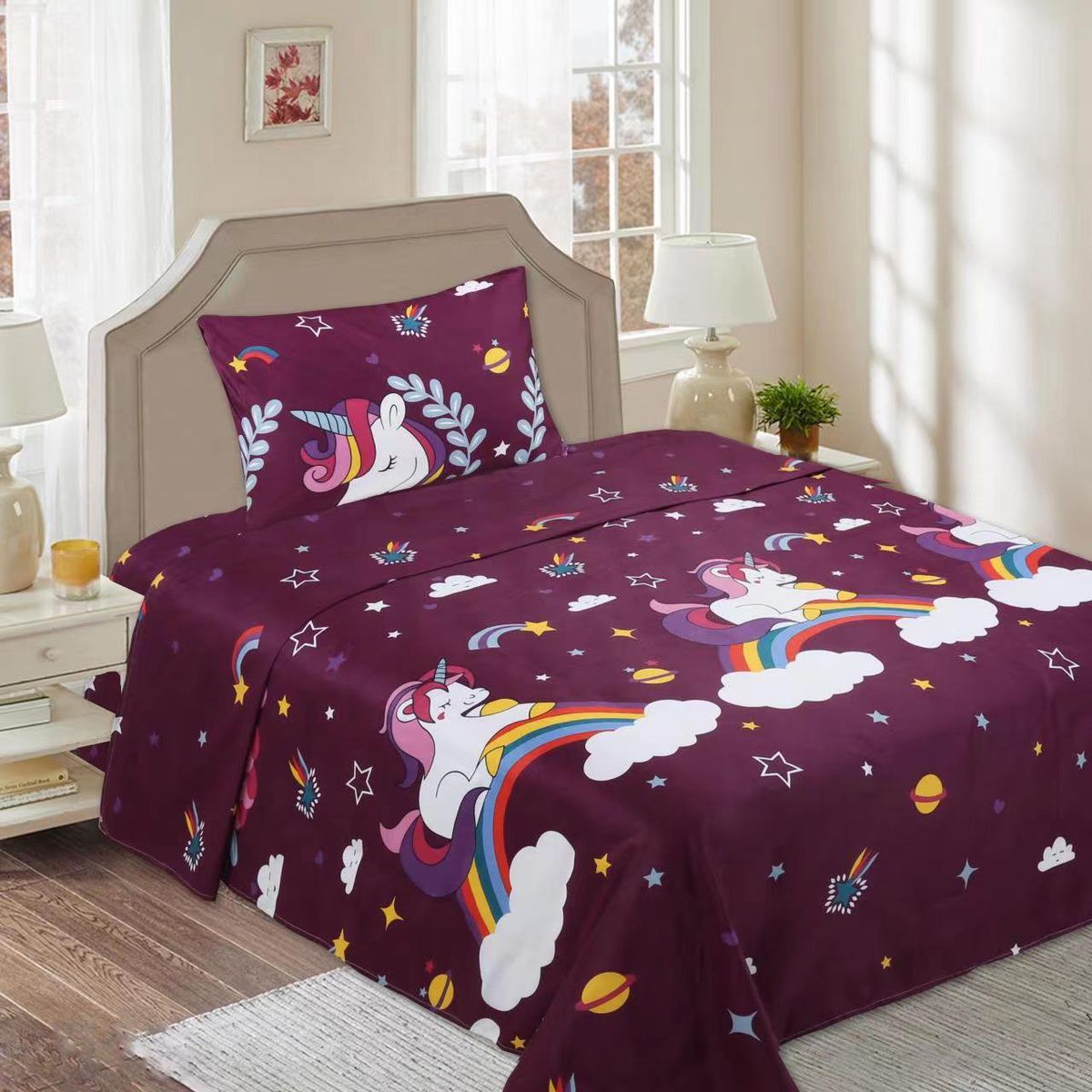 GENERICO - SABANAS DE TELA CON DISEÑO INFANTIL UNICORNIO SET DE 3 PIEZA 1.5 PLAZA