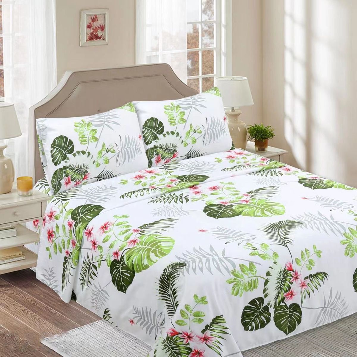 GENERICO - SABANAS DE TELA CON DISEÑO BLANCO HOJAS SET DE 3 PIEZA 1.5 PLAZA