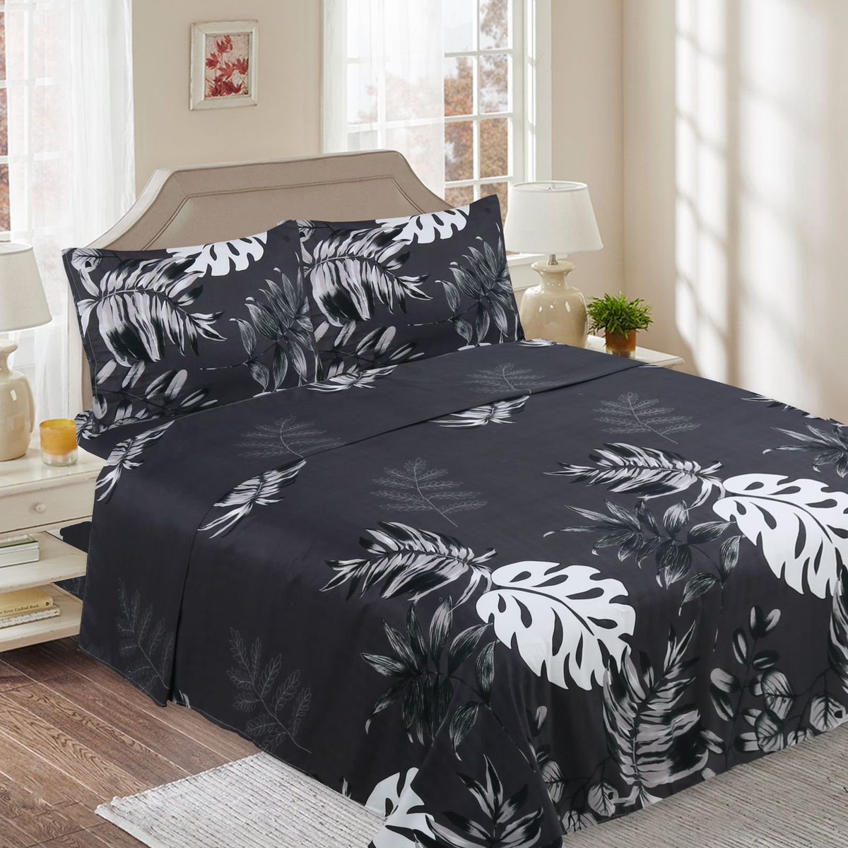 GENERICO - SABANAS DE TELA CON DISEÑO NEGRO HOJAS SET DE 4 PIEZA 2 PLAZA