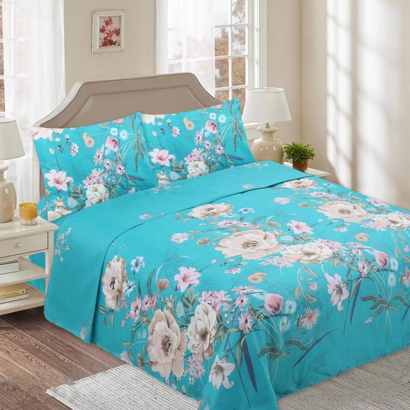 GENERICO - SABANAS DE TELA CON DISEÑO CELESTE FLOR SET DE 4 PIEZA 2 PLAZA