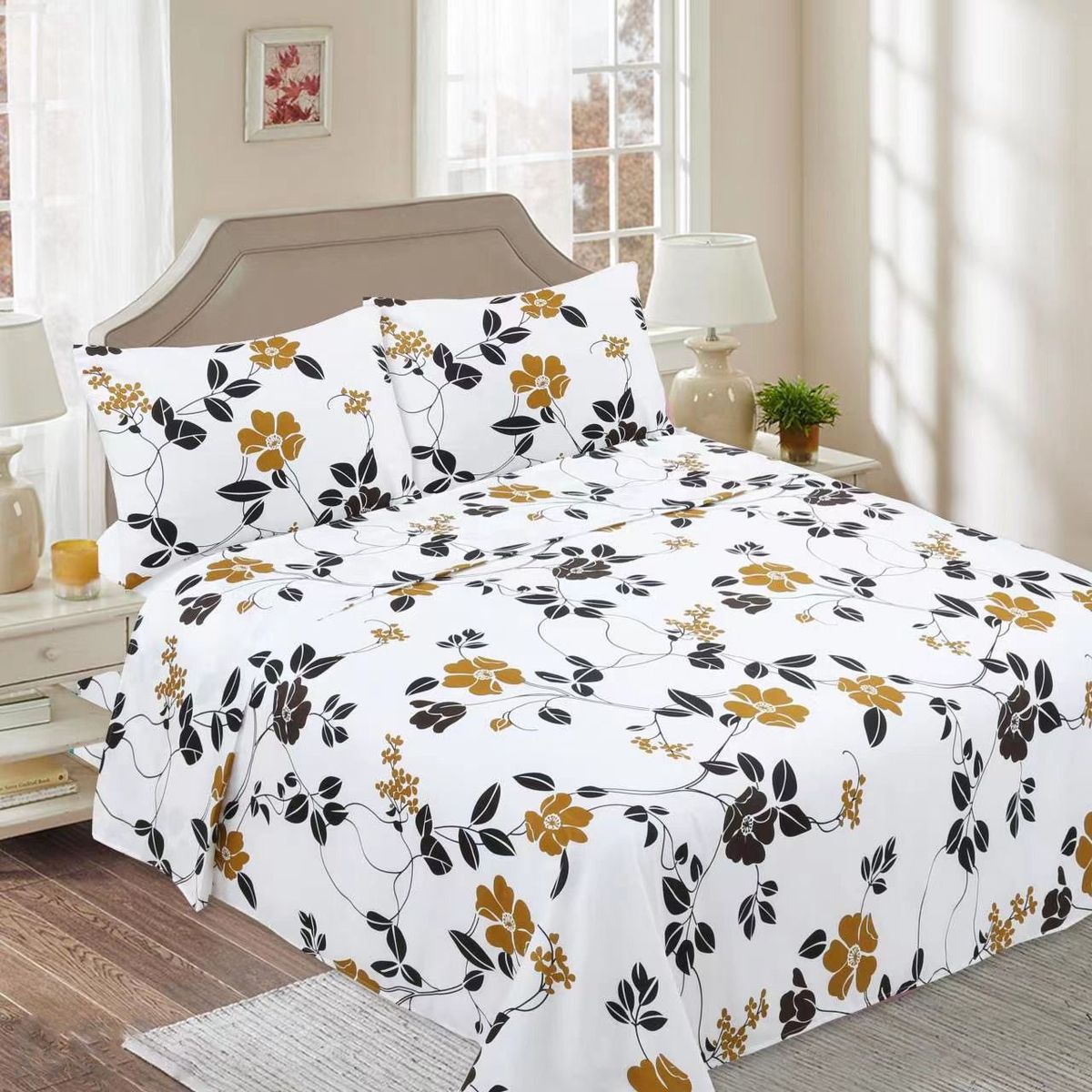 GENERICO - SABANAS DE TELA CON DISEÑO BLANCO FLOR SET DE 4 PIEZA 2 PLAZA