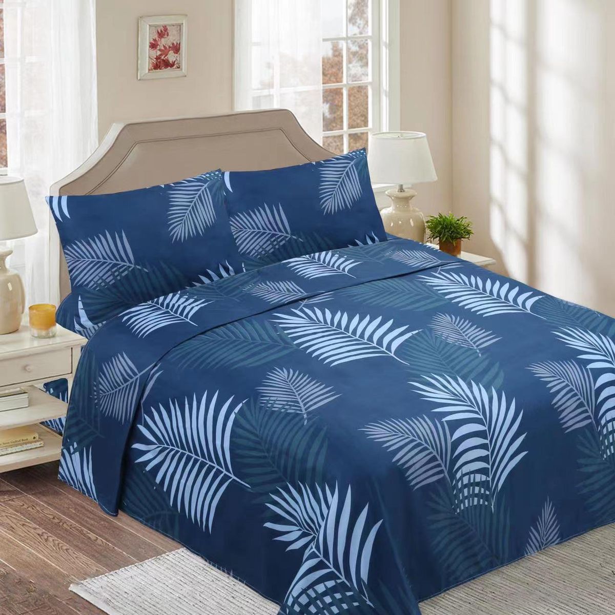 GENERICO - SABANAS DE TELA CON DISEÑO AZUL PALMA SET DE 4 PIEZA 2 PLAZA