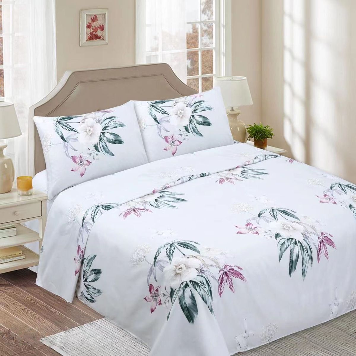 GENERICO - SABANAS DE TELA CON DISEÑO BLANCO ROSA SET DE 4 PIEZA 2 PLAZA