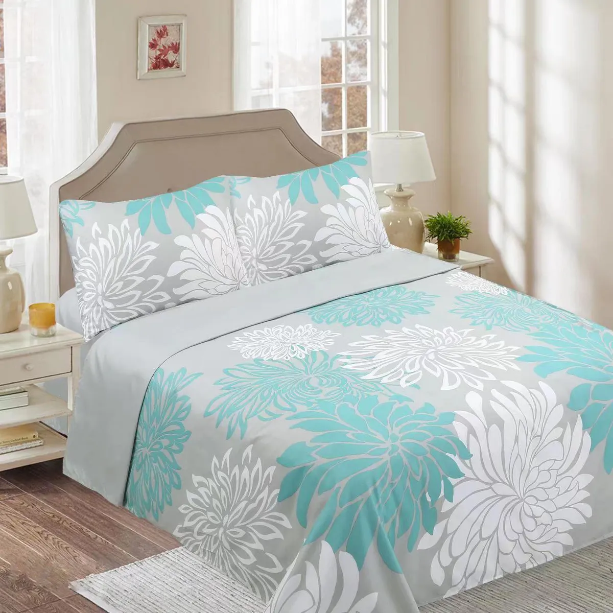 GENERICO - SABANAS DE TELA CON DISEÑO FLOR GRIS SET DE 4 PIEZA KING