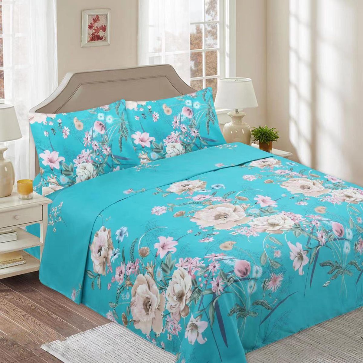 GENERICO - SABANAS DE TELA CON DISEÑO CELESTE FLOR SET DE 4 PIEZA KING
