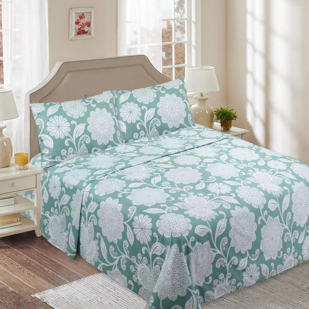 GENERICO - SABANAS DE TELA CON DISEÑO VERDE FLOR SET DE 4 PIEZA KING