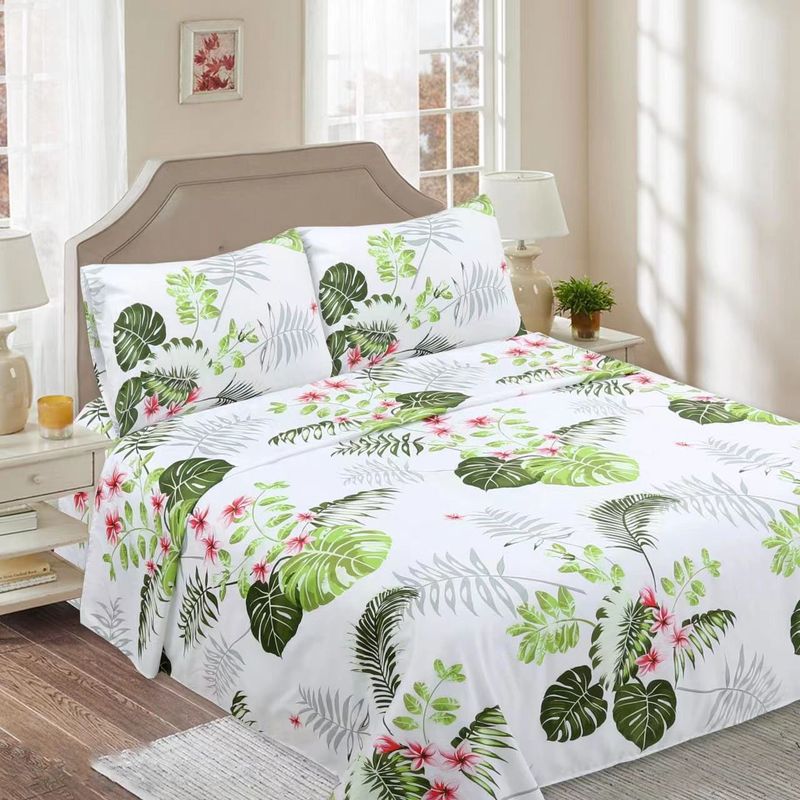 GENERICO - SABANAS DE TELA CON DISEÑO BLANCO HOJAS VERDE SET DE 4 PIEZA KING