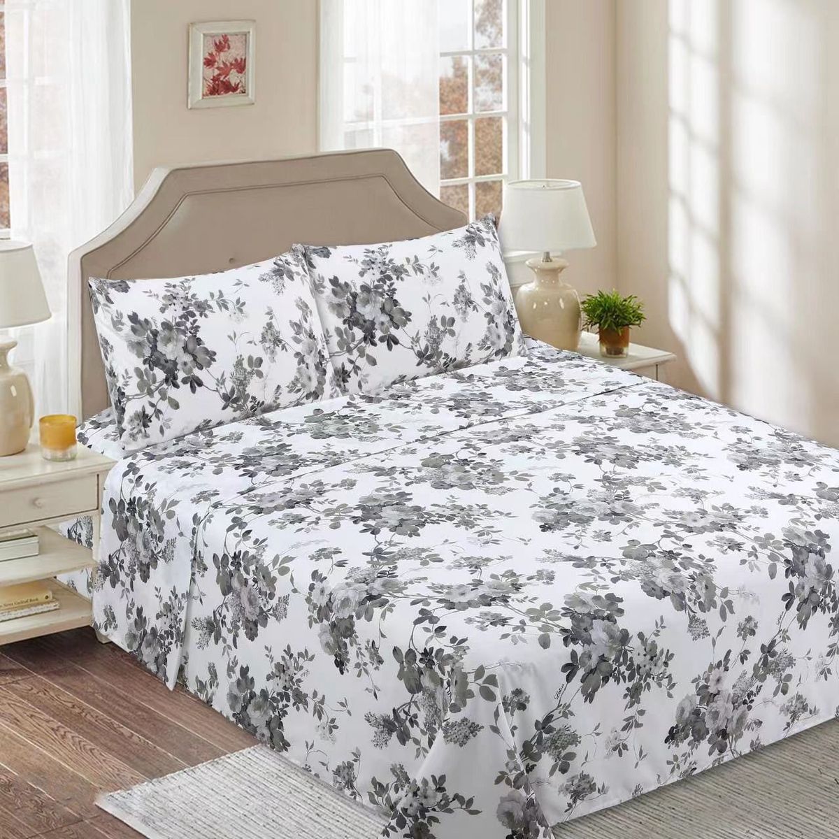 GENERICO - SABANAS DE TELA CON DISEÑO BLANCO FLOR GRIS SET DE 4 PIEZA KING