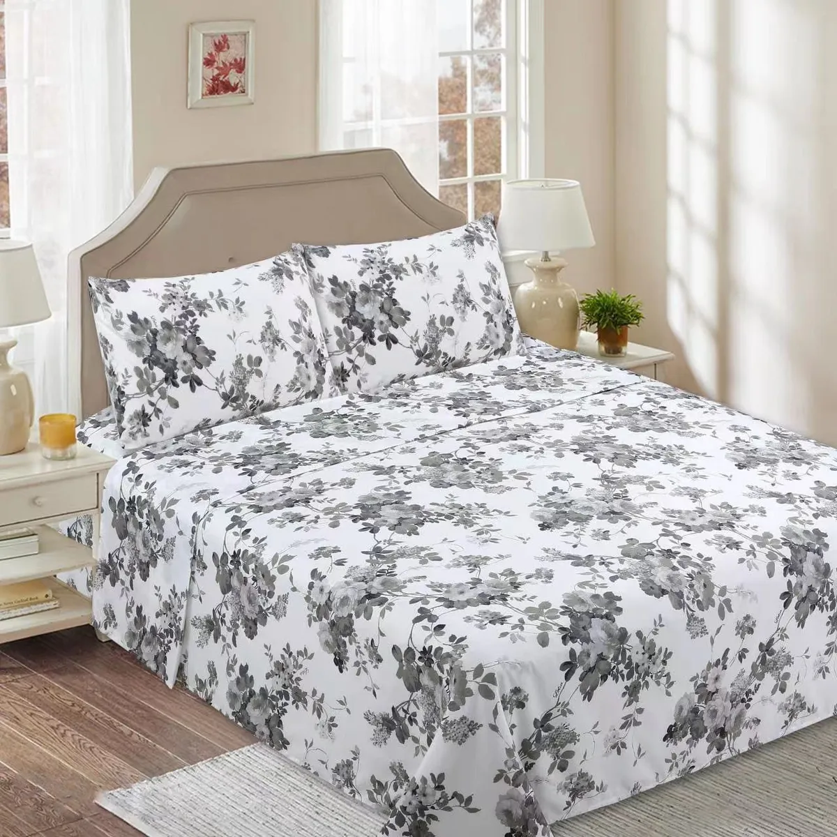 GENERICO - SABANAS DE TELA CON DISEÑO BLANCO FLOR GRIS SET DE 4 PIEZA KING