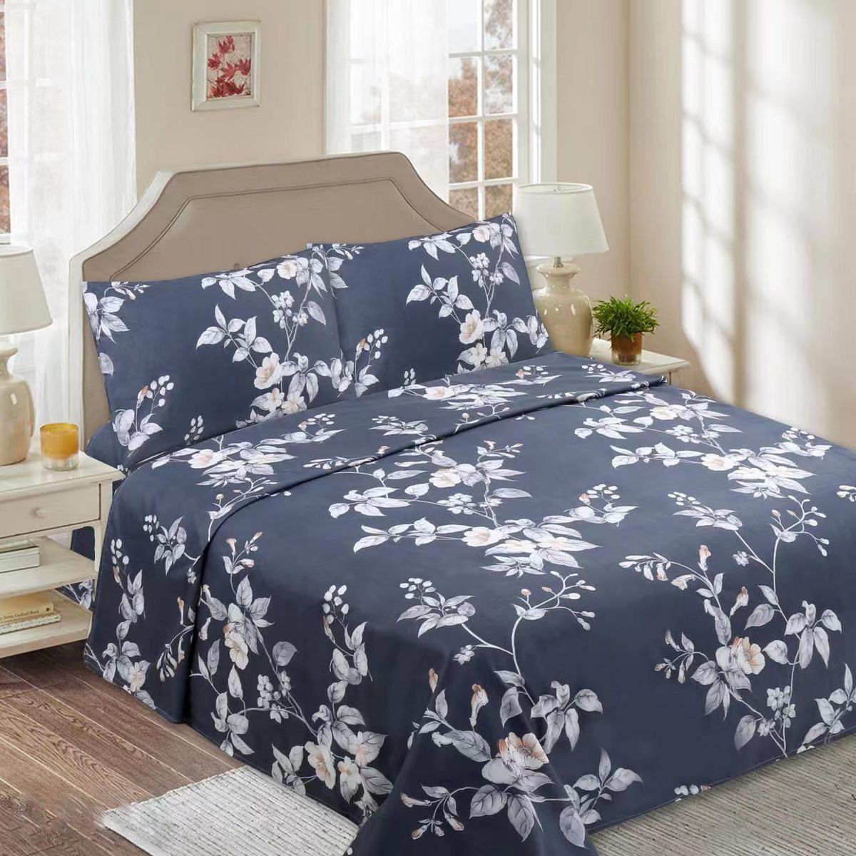 GENERICO - SABANAS DE TELA CON DISEÑO NEGRO FLOR SET DE 4 PIEZA KING