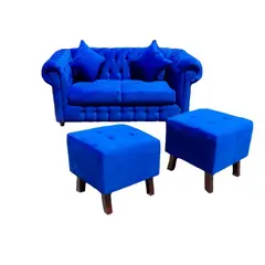 GENERICO - CHESTERFIELD CAPITONE 2 CUERPOS + 2 POUFS CUADRADOS AZUL