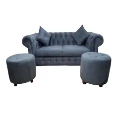 GENERICO - CHESTERFIELD CAPITONE 2 CUERPOS + 2 POUF REDONDOS GRIS OSCURO